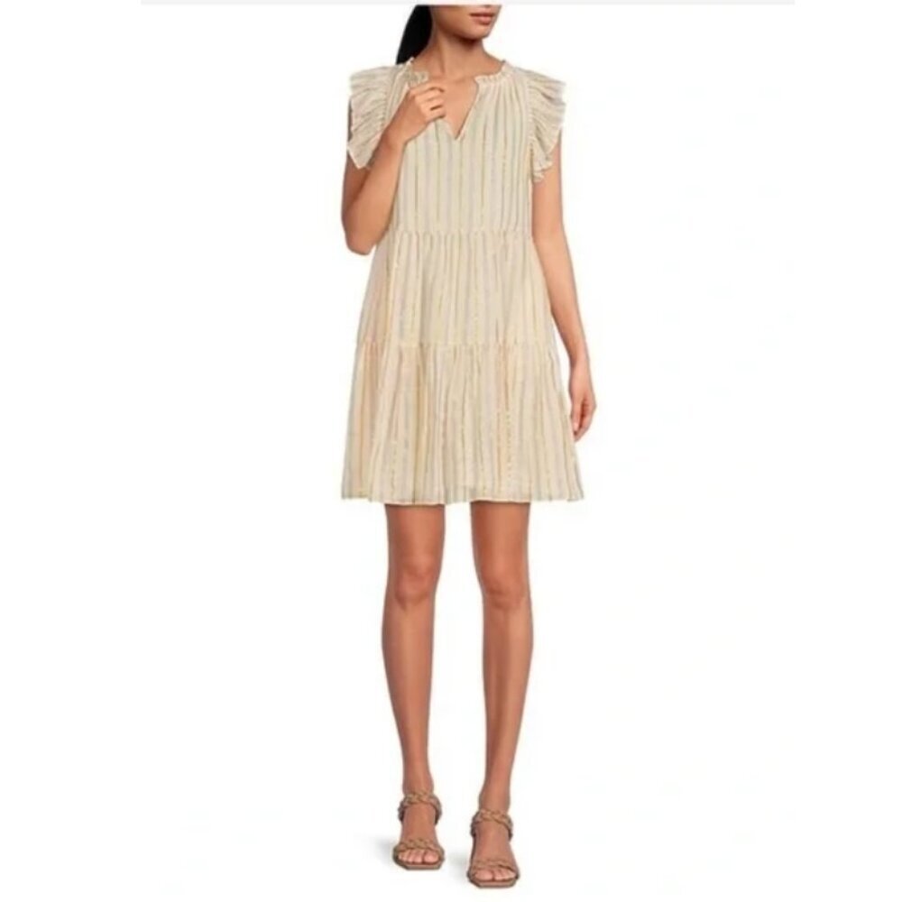 NWT A Loves A Metallic Striped V-Neck Short Ruffled Sleeve Dress
